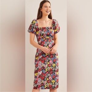 🌹Boden Womens Puff Sleeve Column Midi Dress 16-18 Red Multi Bloom Square Neck